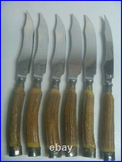 12 Pc Vintage Deer Antler Stag Handle Stainless Steak Knives and Forks