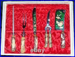 18 Pc Solingen Forest Scene Germany Antler Horn Carved Handle Cutlery Knife Set