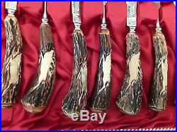 1960 Antique German Stainless&Carved Stag Handles Cutlery And Meat Carving Set