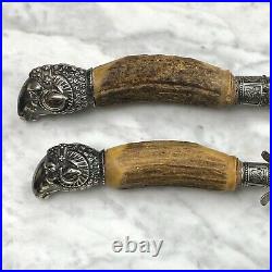 19th Century Antler Handle Carving Set With Silver-plated Ram's Head Hilt
