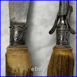 19th Century Antler Handle Carving Set With Silver-plated Ram's Head Hilt