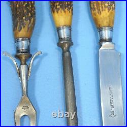 3pc Antique German Antler Handle Hunt CARVING Knife Fork Sharpener Steel Silver