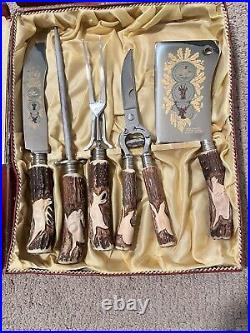 5-Pc KLA-TRA-SO Stainless Steel Stag Horn/Antler Handle Carving Set From Germany