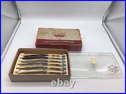 6 Vintage Carvel Hall Cutlery Steak Knives By Briddell Scrimshaw Eskimo Withcase