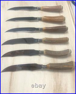 6 x Samuel Peace Steak Knives Staghorn Antler Handle Stainless Sheffield England