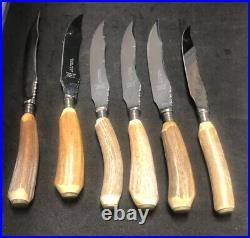 6 x Samuel Peace Steak Knives Staghorn Antler Handle Stainless Sheffield England