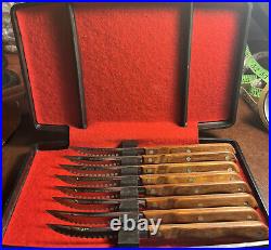 8 Zylco Freeze USA Vintage Steak Knives 100-N, Brown Handles, Case Included Nice