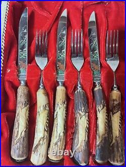 ANTON WINGEN JR. 17pc Carving Set, Knives & Forks Stag Horn, Solingen Germany