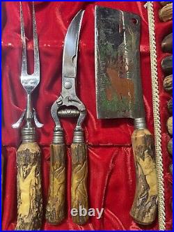 ANTON WINGEN JR. 17pc Carving Set, Knives & Forks Stag Horn, Solingen Germany