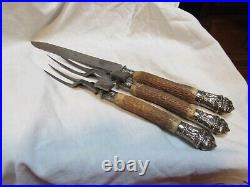 Antique English Sterling Harrison Howson Ram Head 3 Pc. Stag Handles Carving Set