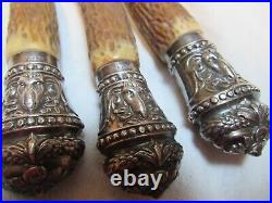 Antique English Sterling Harrison Howson Ram Head 3 Pc. Stag Handles Carving Set