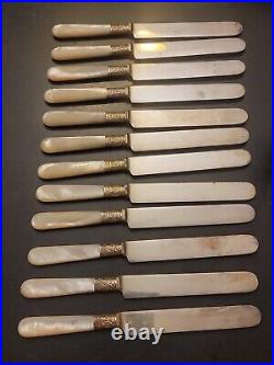 Antique J. Russell & Co Set of 12 8 Dinner Knives MOP Handle Sterling Band