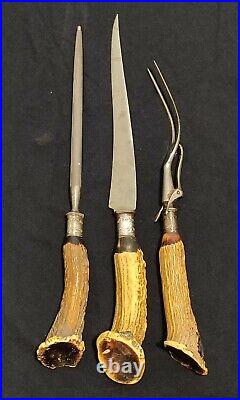 Antique LEE'S Antler Handle Carving Set Sterling Silver Knife Fork Honing Rod
