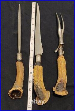 Antique LEE'S Antler Handle Carving Set Sterling Silver Knife Fork Honing Rod