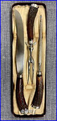Antique Landers Frary Clark Sterling Silver & Stag Horn 3 Piece Carving Set 1886