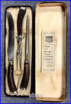Antique Landers Frary Clark Sterling Silver & Stag Horn 3 Piece Carving Set 1886