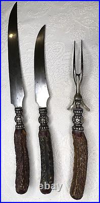 Antique Landers Frary Clark Sterling Silver and Stag Horn 3 Piece Carving Set