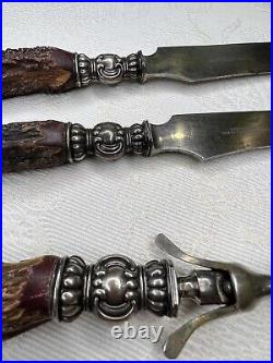 Antique Landers Frary Clark Sterling Silver and Stag Horn 3 Piece Carving Set