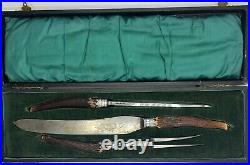 Antique Sheffield Stag Horn & Sterling Carving Set with Case Hand Forged /b