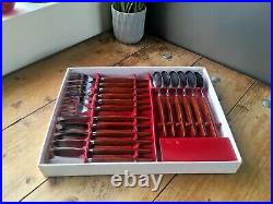 Boxed MCM 60s 18 Piece Modernist Teak Handle Holland Stainless Steel Cutlery Set