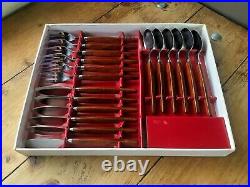 Boxed MCM 60s 18 Piece Modernist Teak Handle Holland Stainless Steel Cutlery Set