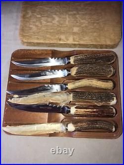 Boxed Set Antler Handle Sheffield England 6 Steak Knives Vintage