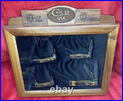 Case XX Set of 4 Dr Amber Pocket Knives USA Wood Showcase Pisplay
