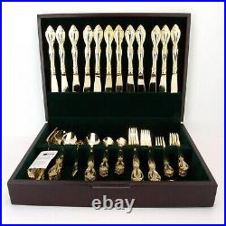 Chris Madden Home Collection Gold Plat Stainless Flatware 64 Pc Set Wood Case