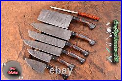 Damascus Steel 7Pcs Chef Set with Wood Handle & Leather Sheath include, for Gift