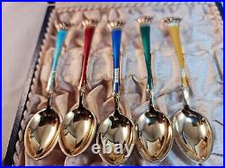 Denmark 925 Sterling Silver Gilt Set 5 Ela Enamel Guilloche Spoons Vintage Rare