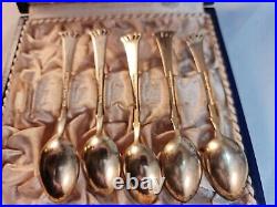 Denmark 925 Sterling Silver Gilt Set 5 Ela Enamel Guilloche Spoons Vintage Rare
