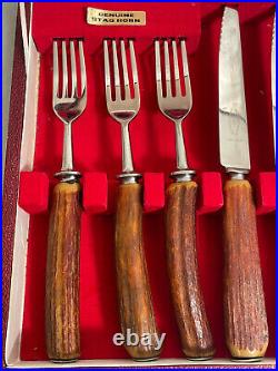 George Butler & Co Sheffield STAG HORN Cutlery Steak Knife & Fork Set Of 6 -1