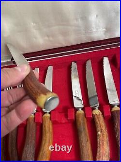 George Butler & Co Sheffield STAG HORN Cutlery Steak Knife & Fork Set Of 6 -1