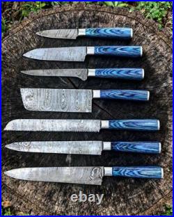 Handmade Custom Damascus Steel 7 Piece Kitchen Knife Set- Chef's Knife Set