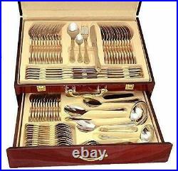 High Quality 72pc Stainless Steel Gold Cutlery & Servers in Shiny Wooden Case