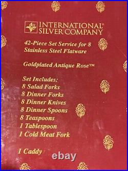 International Goldplate 24k Flatware Service 8 42 Pc Set Antique Rose New Box