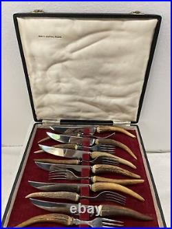 J sanderson England vintage stag horn 12 piece knife fork set in case
