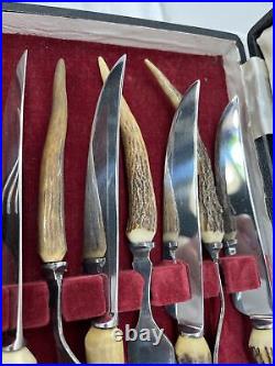 J sanderson England vintage stag horn 12 piece knife fork set in case