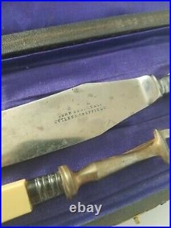 John Beadle Co Sheffield Carving Knife & Fork Set Carbon Steel Sterling Bakelite