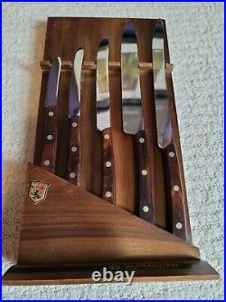 Kutmaster Tungsten Stainless Steel vintage five knife set and wood display case