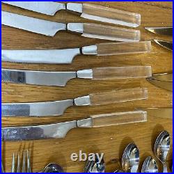 MCM Vintage Stainless Clear Lucite Flatware Lot 76 Pcs Taiwan Square Silverware