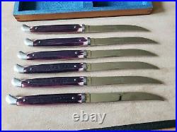 Mint Cond Vintage Queen Cutlery Steel Stag Purple Steak Knife Set withBox 58'-60