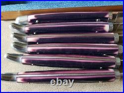 Mint Cond Vintage Queen Cutlery Steel Stag Purple Steak Knife Set withBox 58'-60