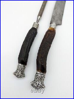 OVB Hibbard Spencer Carving Knife & Sharpening Tool Sterling Stag Horn Handles