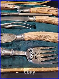 Rare Antique MONOGRAMMED Sterling Silver Stag Horn 7 PC Carving Cutlery Set