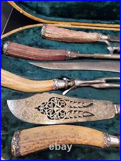 Rare Antique MONOGRAMMED Sterling Silver Stag Horn 7 PC Carving Cutlery Set