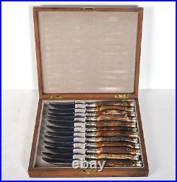 Set 12 HasselBring Steak Knives Sterling Silver Knife Cap Antler Handles with Box