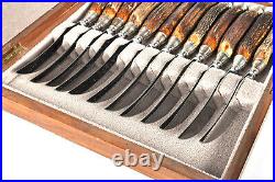 Set 12 HasselBring Steak Knives Sterling Silver Knife Cap Antler Handles with Box