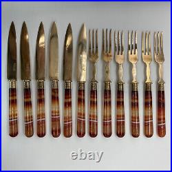 Set of 12 Agate Handle Dessert or Fruit Forks and Knives Swiss Geneve Brass