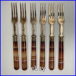 Set of 12 Agate Handle Dessert or Fruit Forks and Knives Swiss Geneve Brass